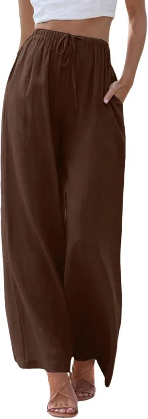 Womens Cotton Linen Wide Leg Palazzo Pants Drawstring Elastic Waisted Casual Summer Beach Flowy Trousers with Pockets