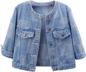 Women's Cropped Denim Jacket Button Down Collarless Half Sleeve Jean Jacket