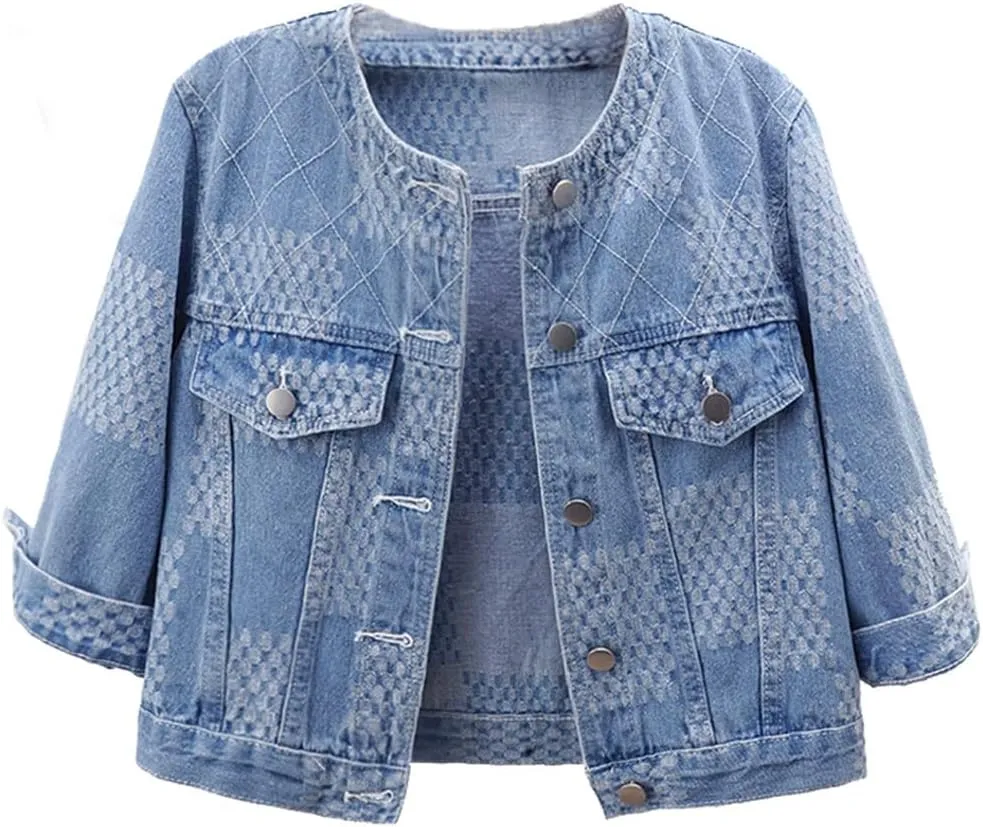Women's Cropped Denim Jacket Button Down Collarless Half Sleeve Jean Jacket