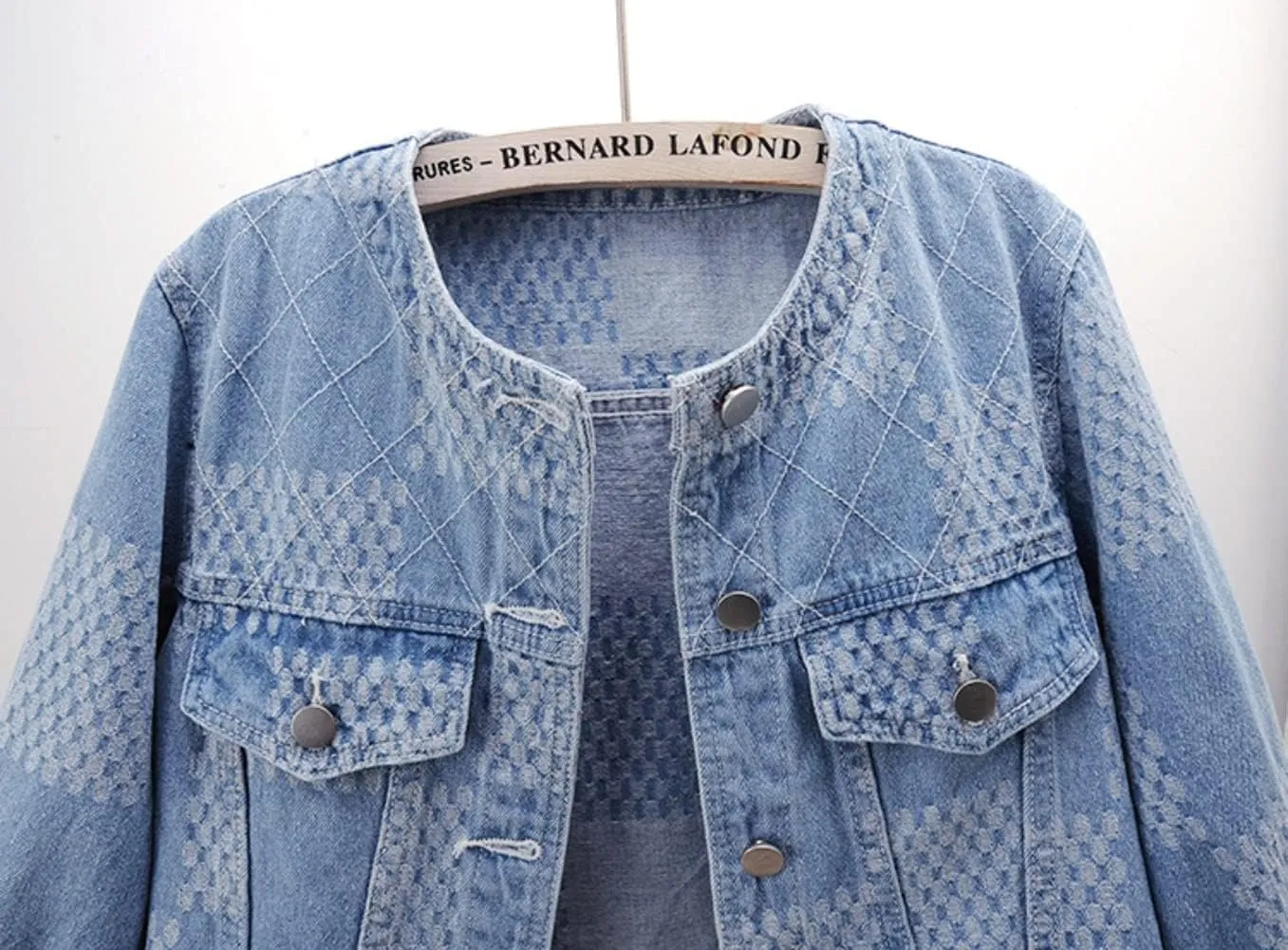 Women's Cropped Denim Jacket Button Down Collarless Half Sleeve Jean Jacket