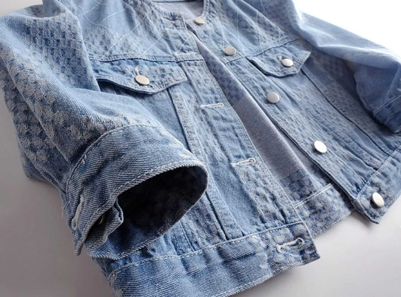 Women's Cropped Denim Jacket Button Down Collarless Half Sleeve Jean Jacket