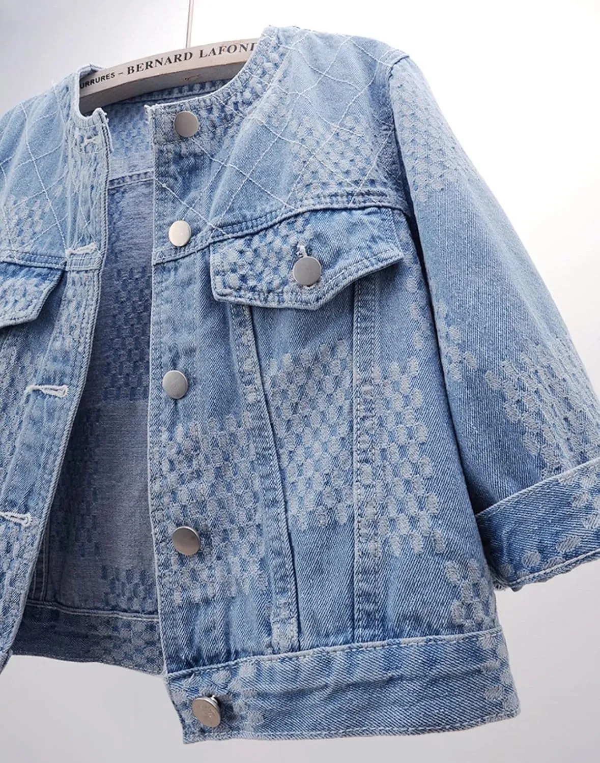 Women's Cropped Denim Jacket Button Down Collarless Half Sleeve Jean Jacket