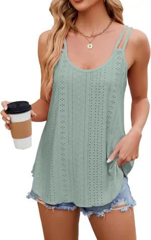 Women's Cute Tank Tops Eyelet Sleeveless Spaghetti Strap Scoop Neck Loose Casual Flowy Shirts