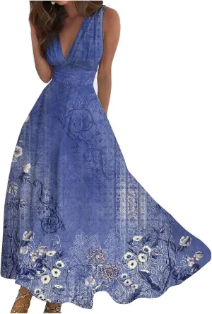 Womens Dresses Floral Print Wrap V Neck Sundresses Flowy Ruched Sleeveless Boho Dress Spring Beach Dress