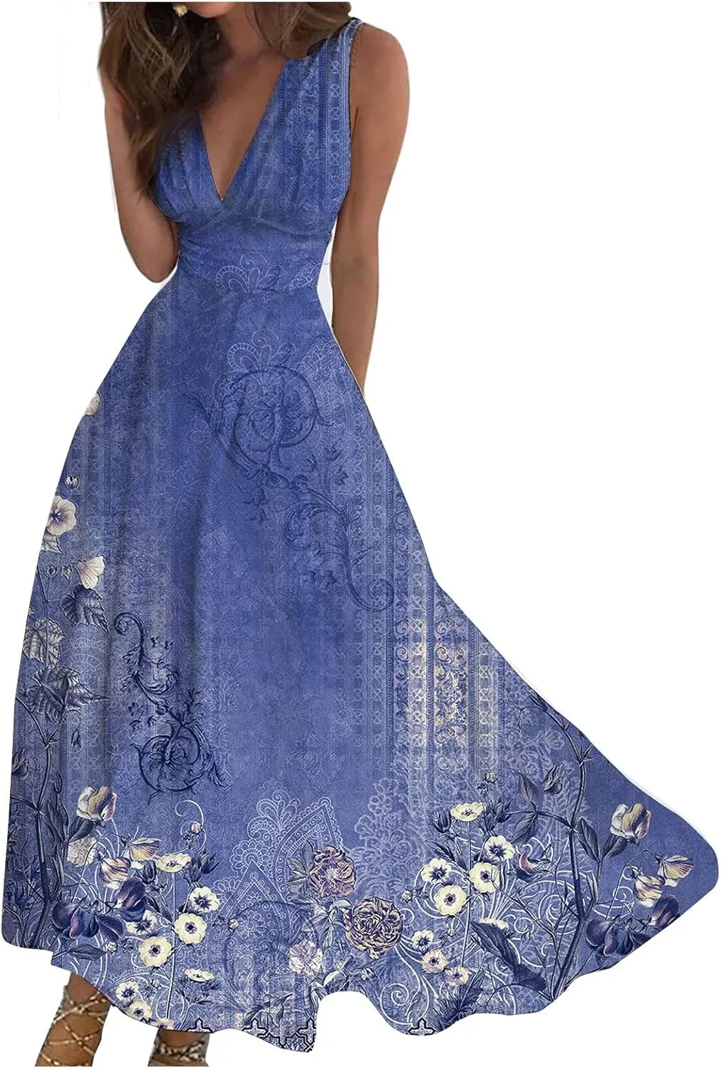 Womens Dresses Floral Print Wrap V Neck Sundresses Flowy Ruched Sleeveless Boho Dress Spring Beach Dress