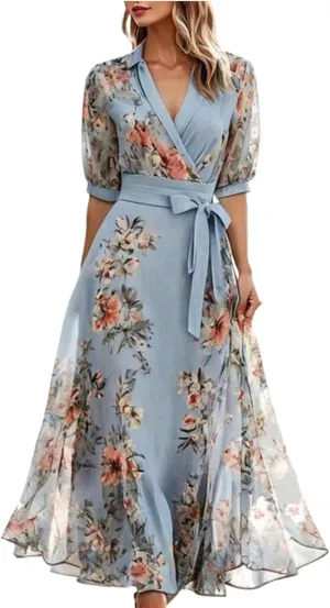 Women's Dressy Blue Floral Print V-Neck Short Sleeve Maxi Dress A Line Belted Waist Flowy Long Dress Casual Summer Dresses