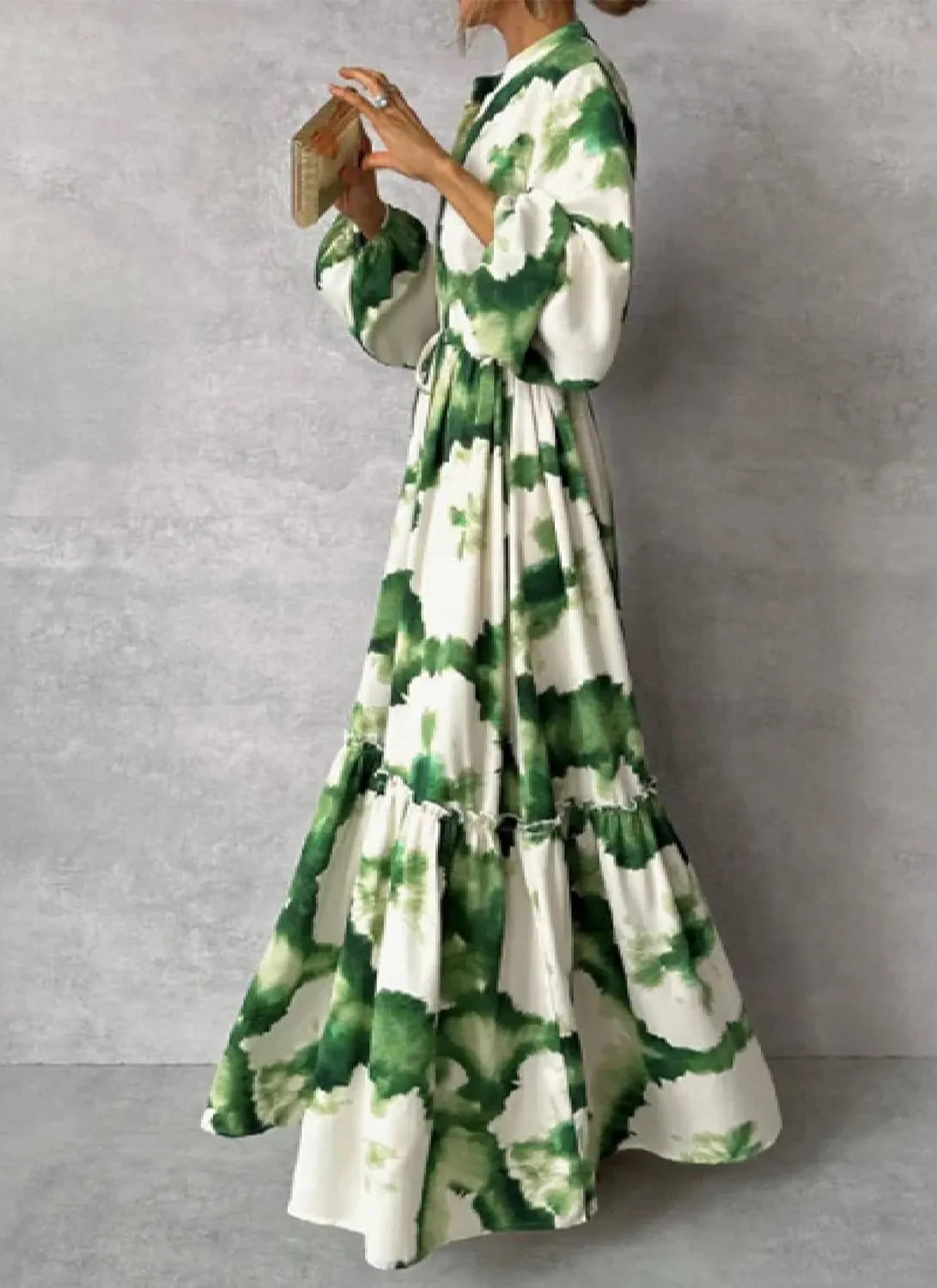 Women's Elegant Green Floral V Neck Maxi Dress Long Sleeve Tie-Dye Print Cinched Waist Tiered Ruffle Evening Long Dress