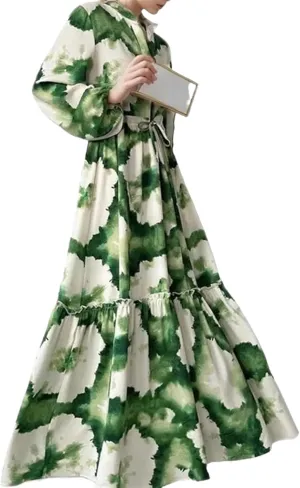 Women's Elegant Green Floral V Neck Maxi Dress Long Sleeve Tie-Dye Print Cinched Waist Tiered Ruffle Evening Long Dress