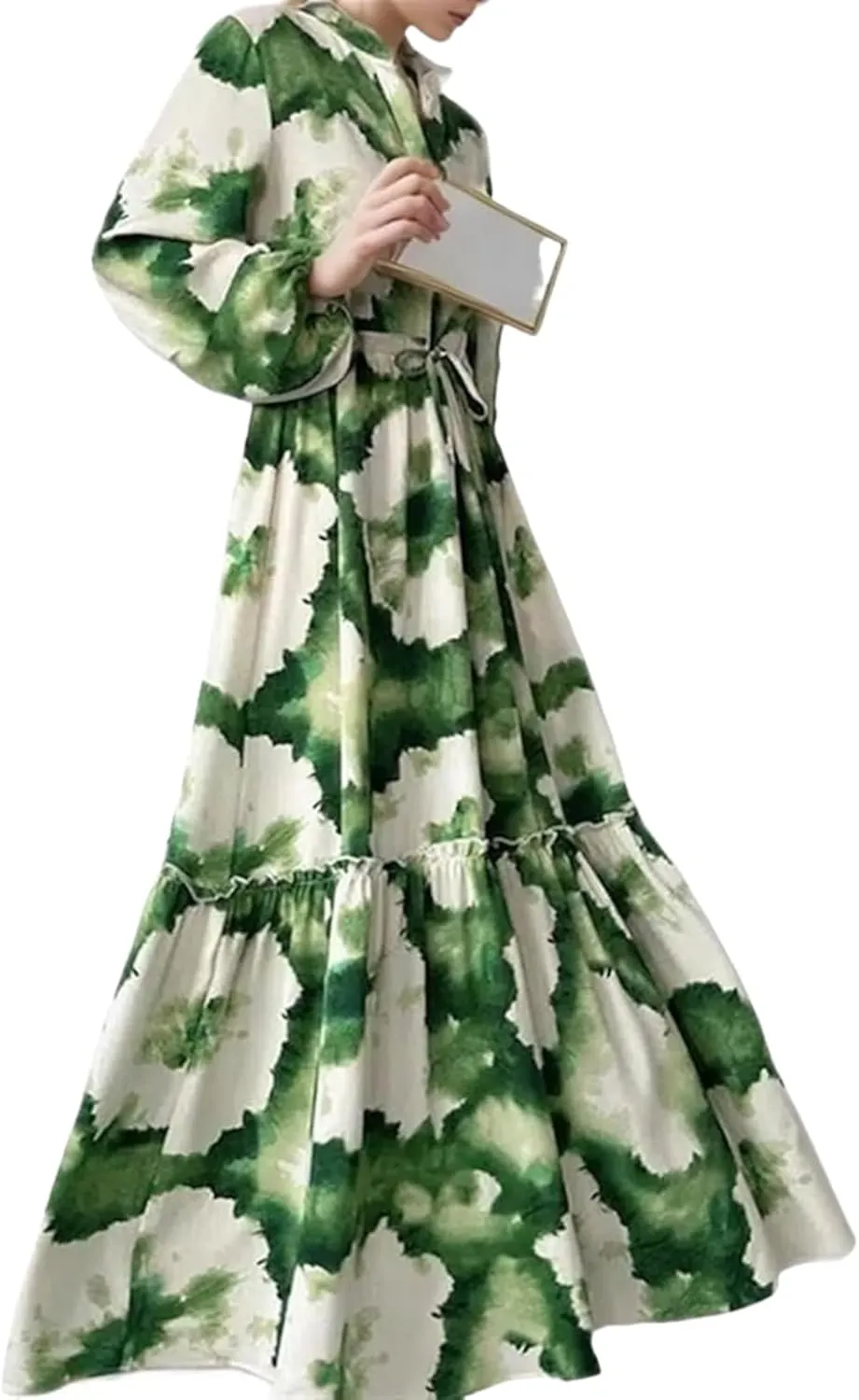 Women's Elegant Green Floral V Neck Maxi Dress Long Sleeve Tie-Dye Print Cinched Waist Tiered Ruffle Evening Long Dress