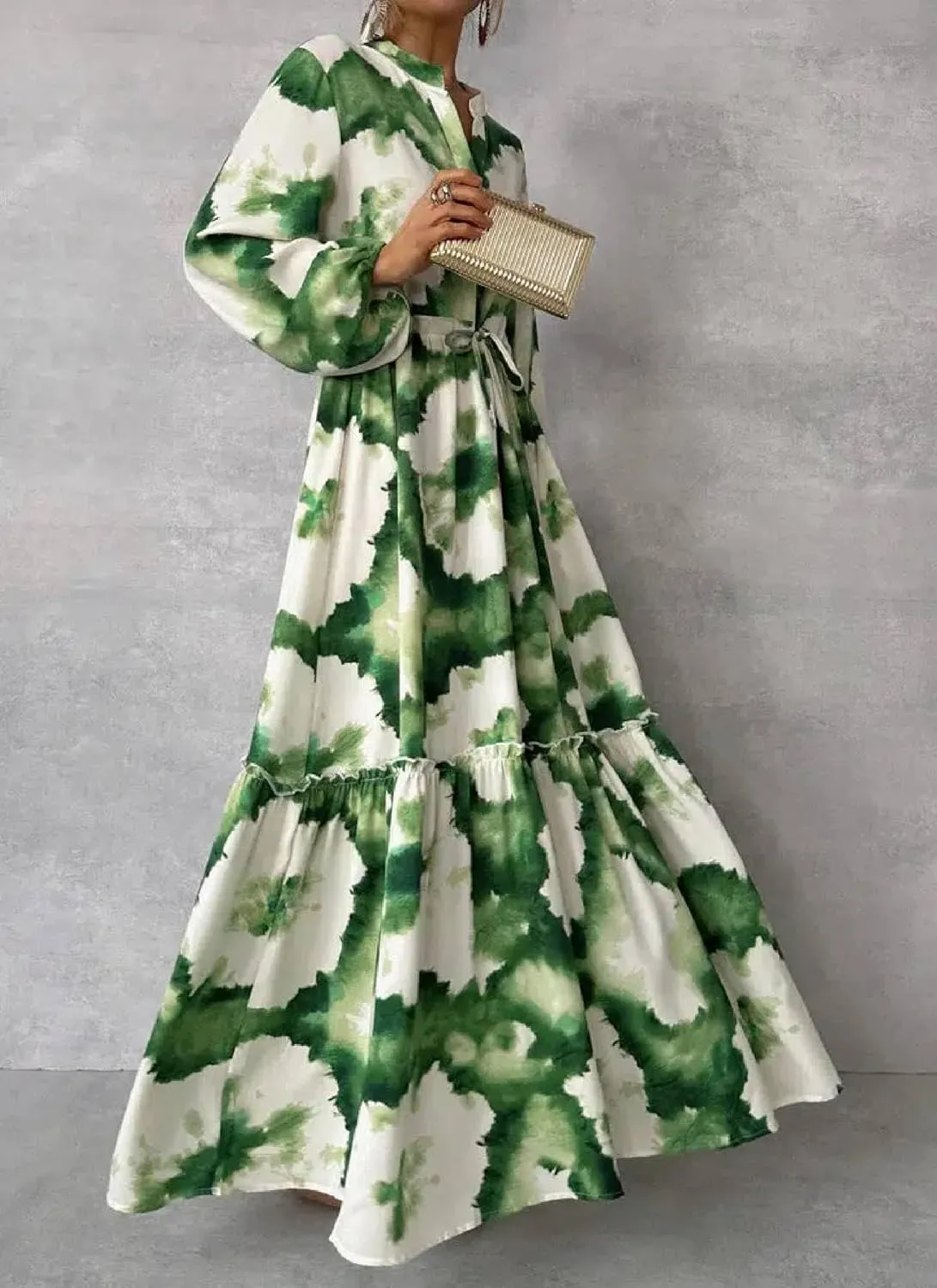 Women's Elegant Green Floral V Neck Maxi Dress Long Sleeve Tie-Dye Print Cinched Waist Tiered Ruffle Evening Long Dress