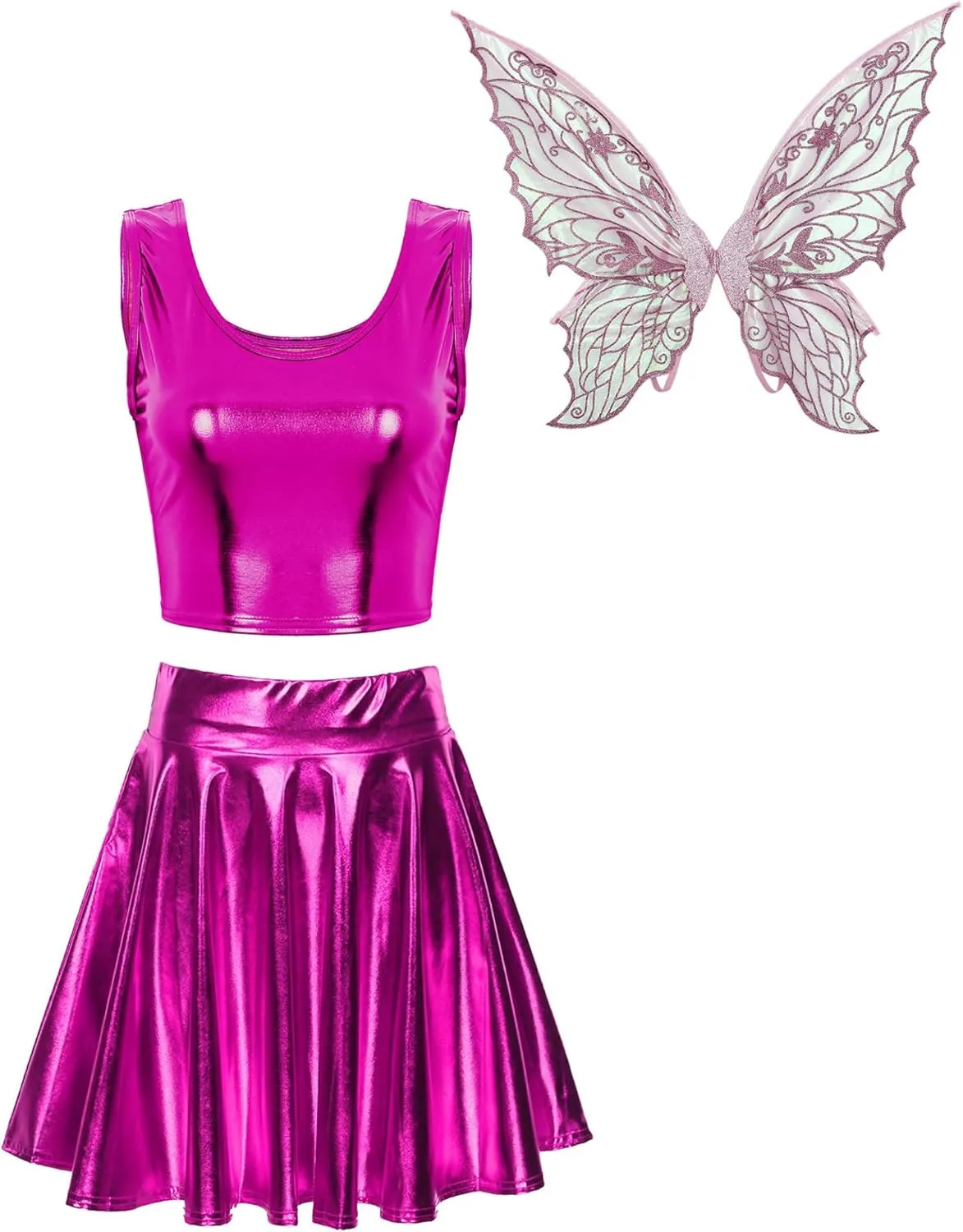 Women's Fairy Princess Costume Sets 3 Piece Glossy Metallic Costume Sets Sleeveless Camisole and Mini Skirt