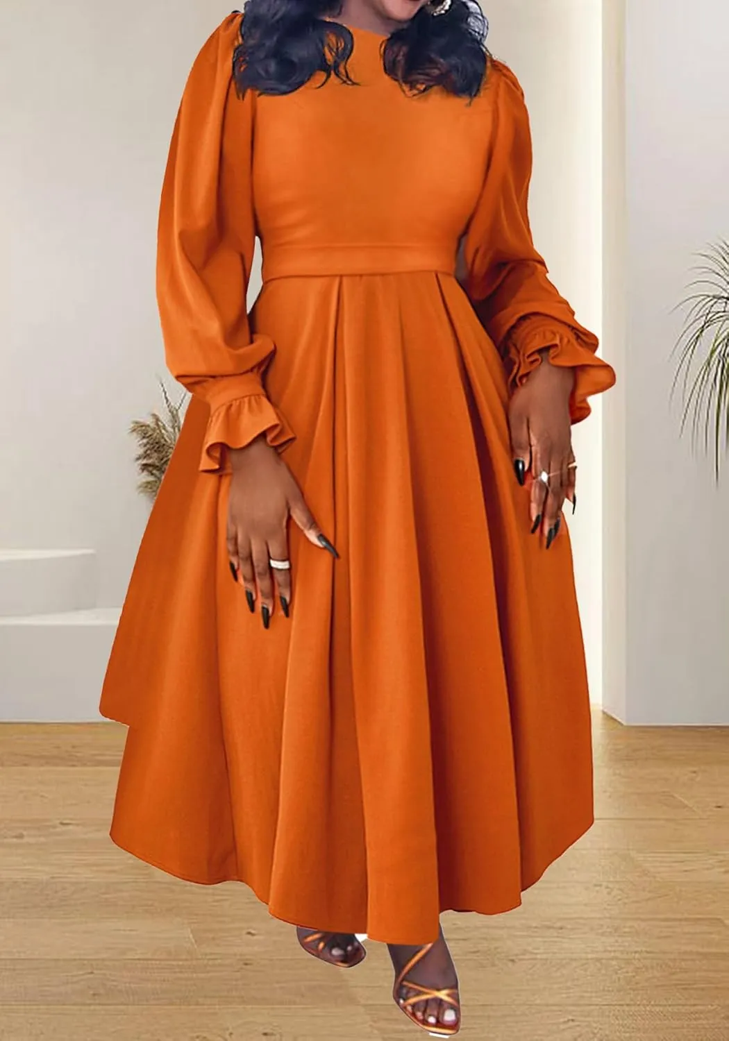 Women's Fall Dress A Line Ruffle Pleated Plus Size Dress African Maxi Dresses Cocktail Party