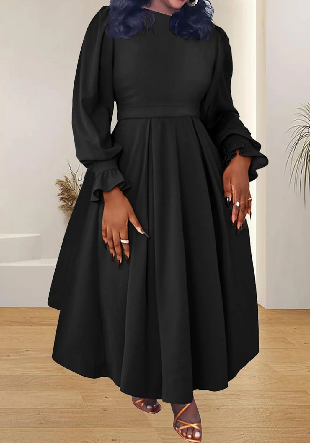 Women's Fall Dress A Line Ruffle Pleated Plus Size Dress African Maxi Dresses Cocktail Party