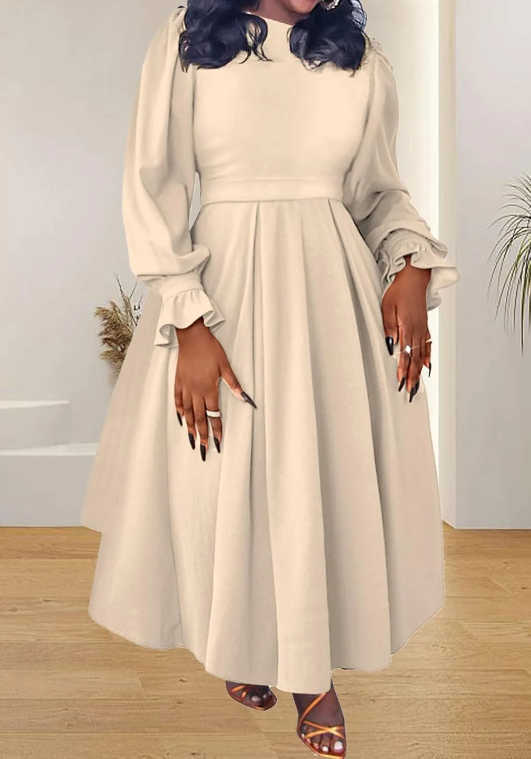 Women's Fall Dress A Line Ruffle Pleated Plus Size Dress African Maxi Dresses Cocktail Party