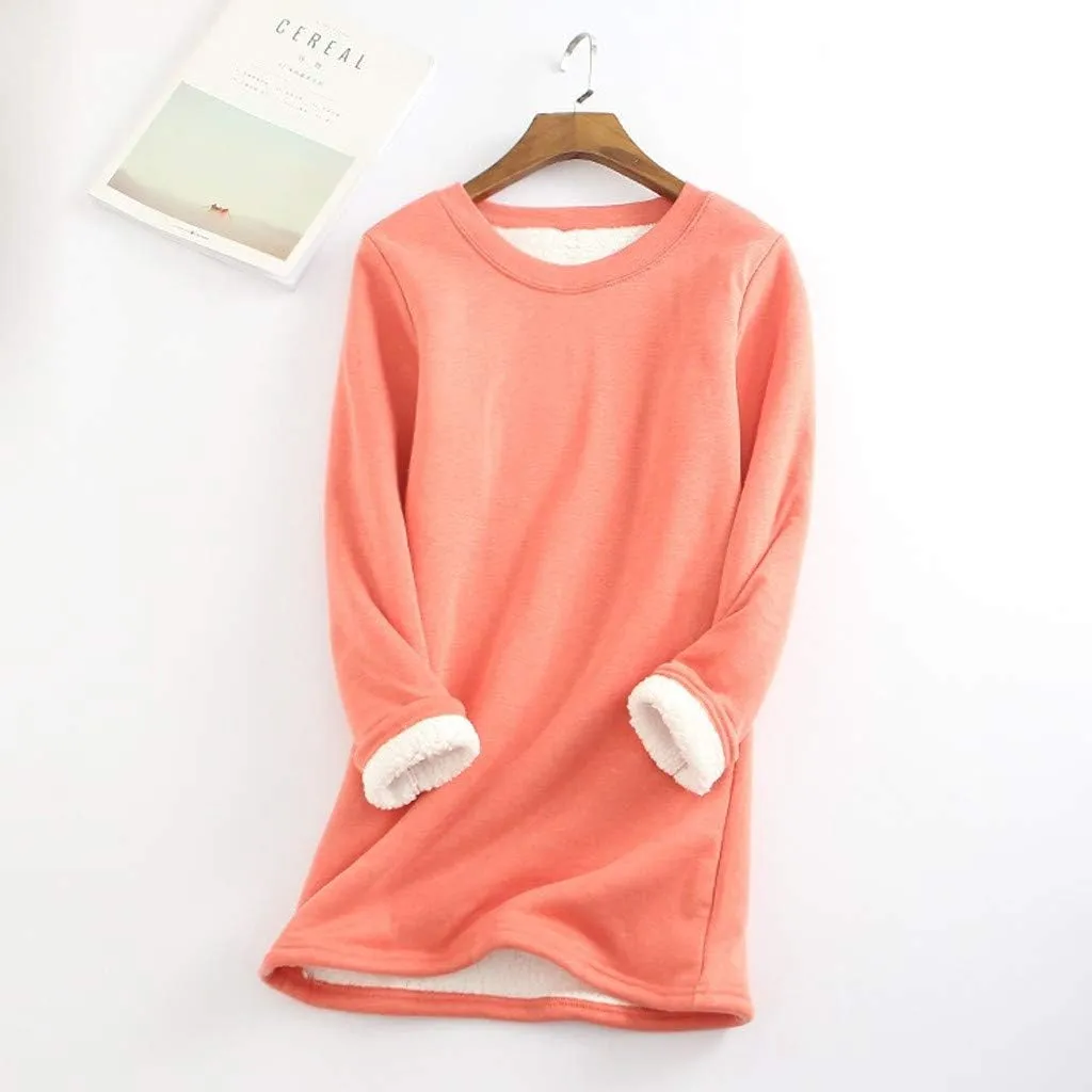 Womens Fleece Lined Sweatshirts Crewneck Oversized Sherpa Pullover Solid Color Warm Winter Clothes Loungewear