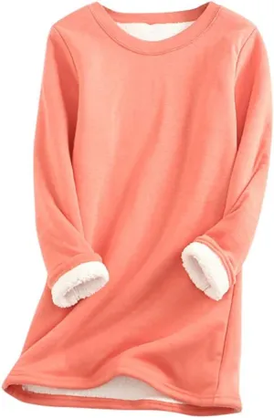 Womens Fleece Lined Sweatshirts Crewneck Oversized Sherpa Pullover Solid Color Warm Winter Clothes Loungewear