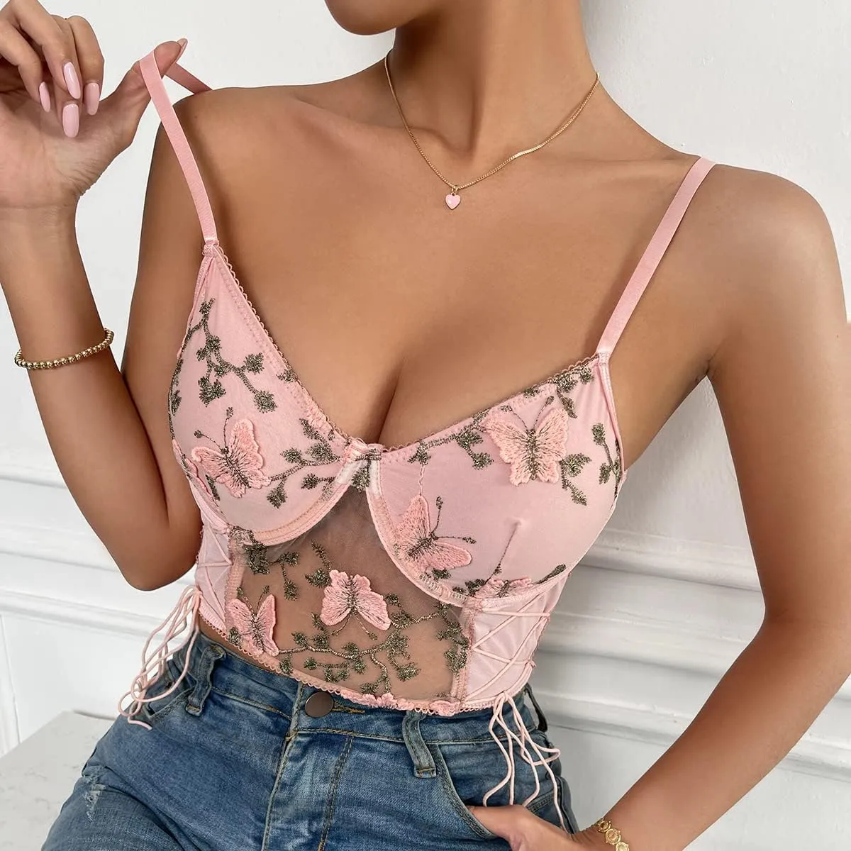 Women's Floral Lace Cami Crop Top Spaghetti Strap Sheer Mesh Corset Bustier Tops Bralette