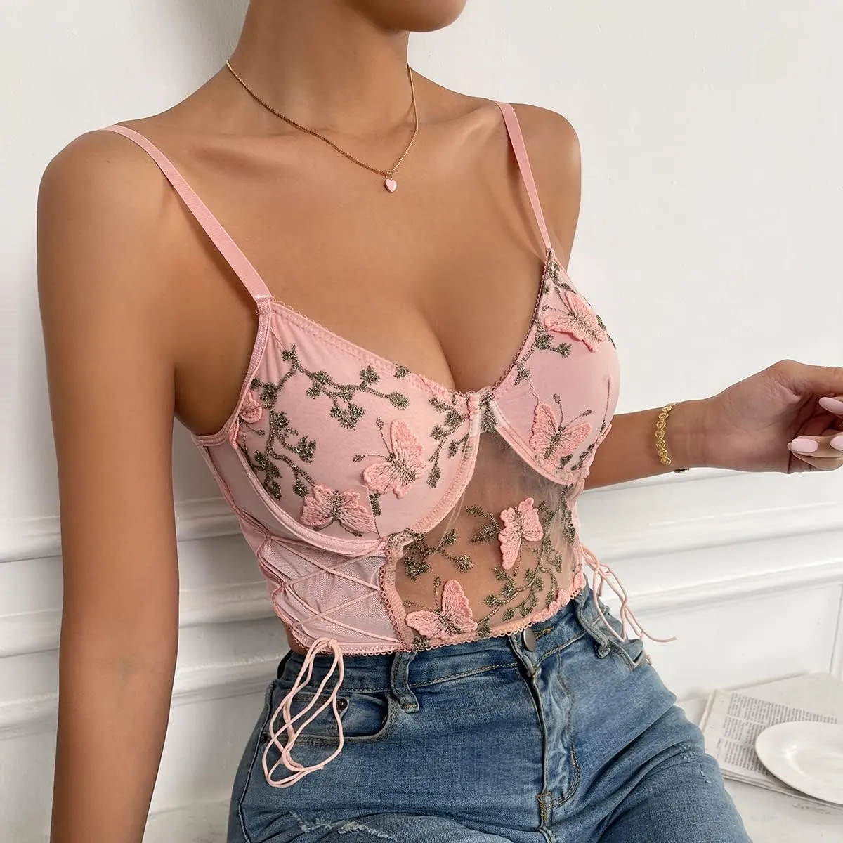 Women's Floral Lace Cami Crop Top Spaghetti Strap Sheer Mesh Corset Bustier Tops Bralette
