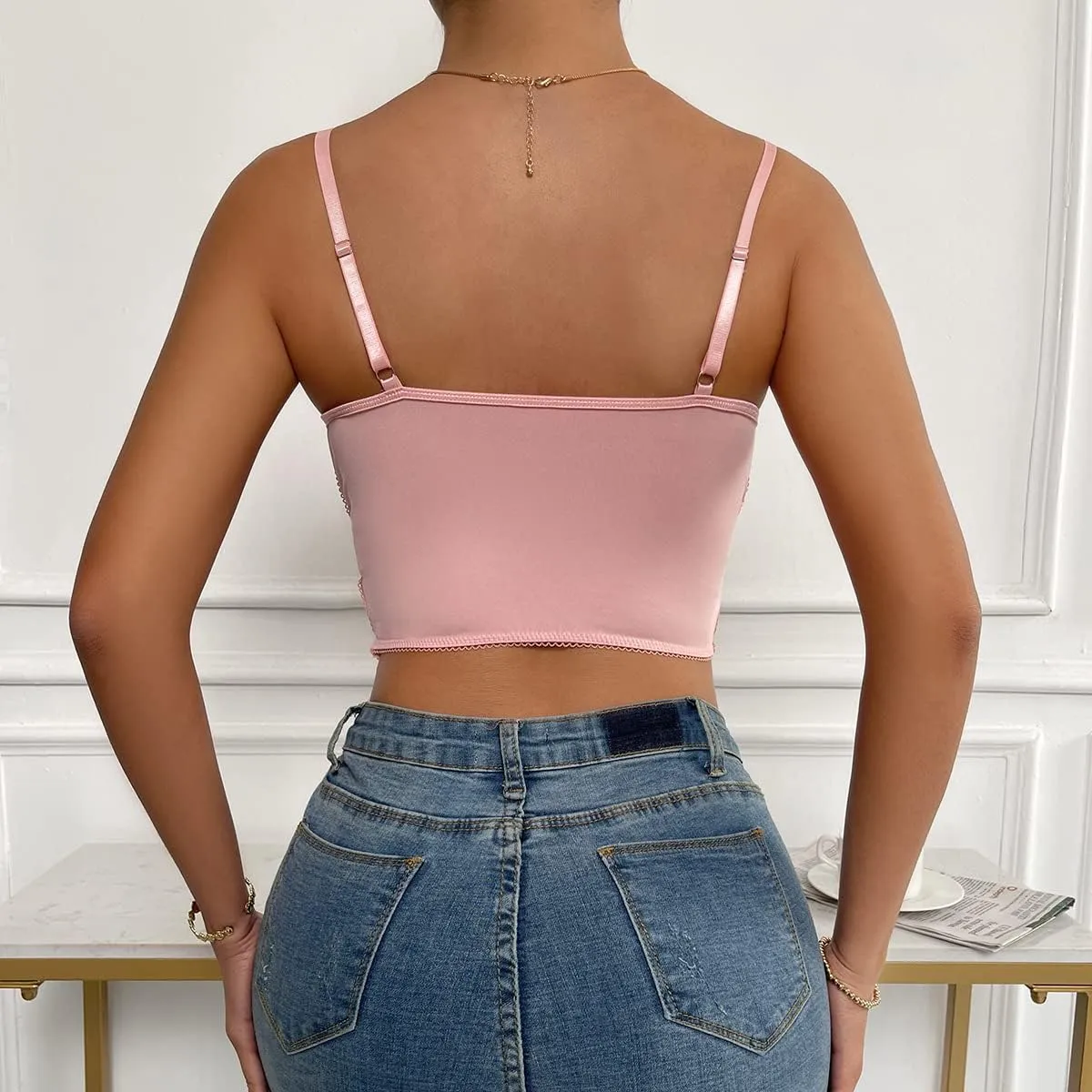 Women's Floral Lace Cami Crop Top Spaghetti Strap Sheer Mesh Corset Bustier Tops Bralette