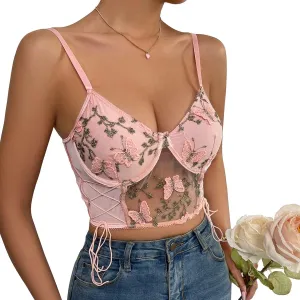 Women's Floral Lace Cami Crop Top Spaghetti Strap Sheer Mesh Corset Bustier Tops Bralette