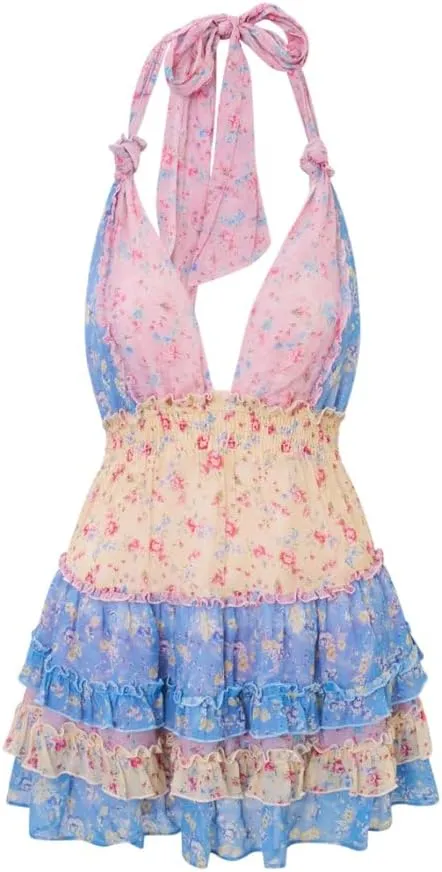 Womens Floral Print Halter Mini Dress V-Neck Backless Preppy Smocked Waist Short Dress Y2k Layer Ruffle Hem Teen Dresses