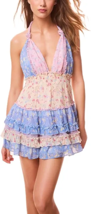 Womens Floral Print Halter Mini Dress V-Neck Backless Preppy Smocked Waist Short Dress Y2k Layer Ruffle Hem Teen Dresses