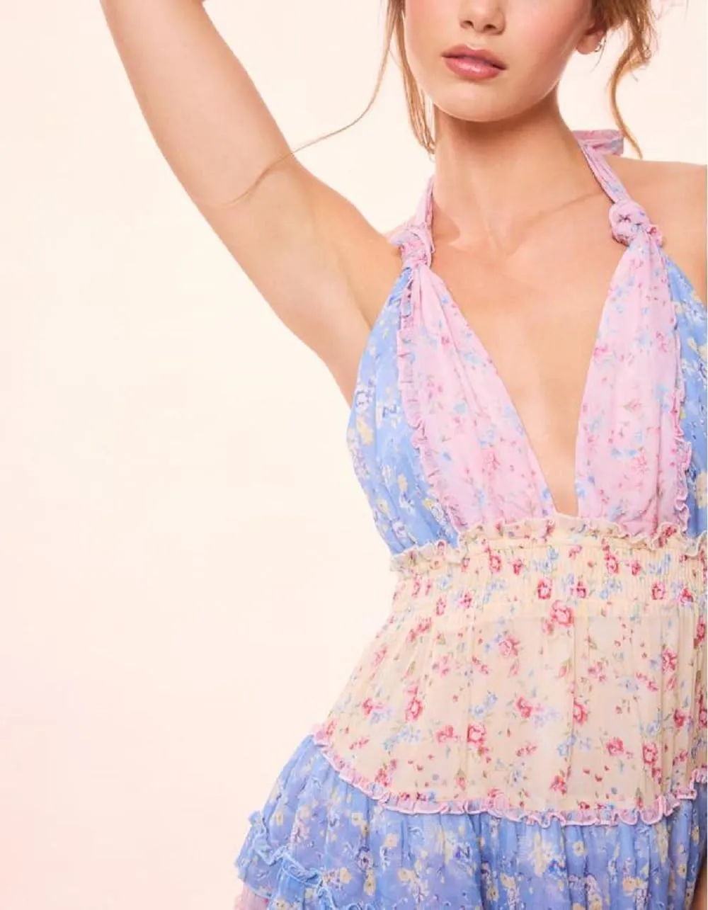 Womens Floral Print Halter Mini Dress V-Neck Backless Preppy Smocked Waist Short Dress Y2k Layer Ruffle Hem Teen Dresses