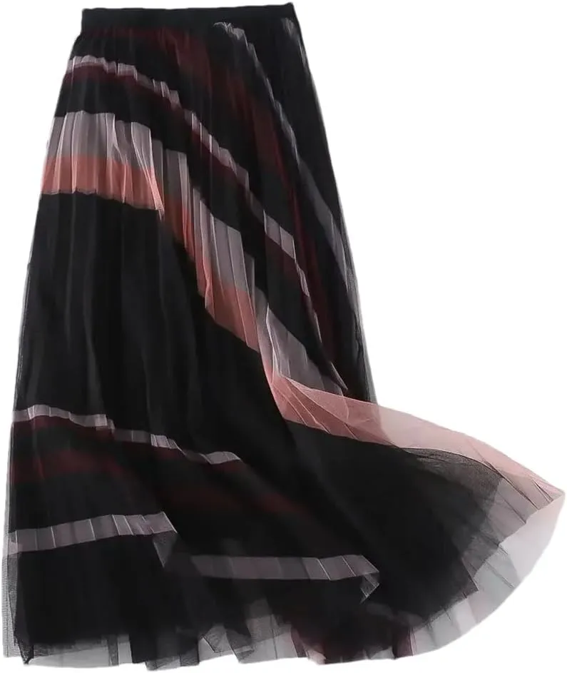 Women's Fresh Printed Mesh Pleated Skirt High Waist Slim Mid Length Double Wear Large Swing Skirt