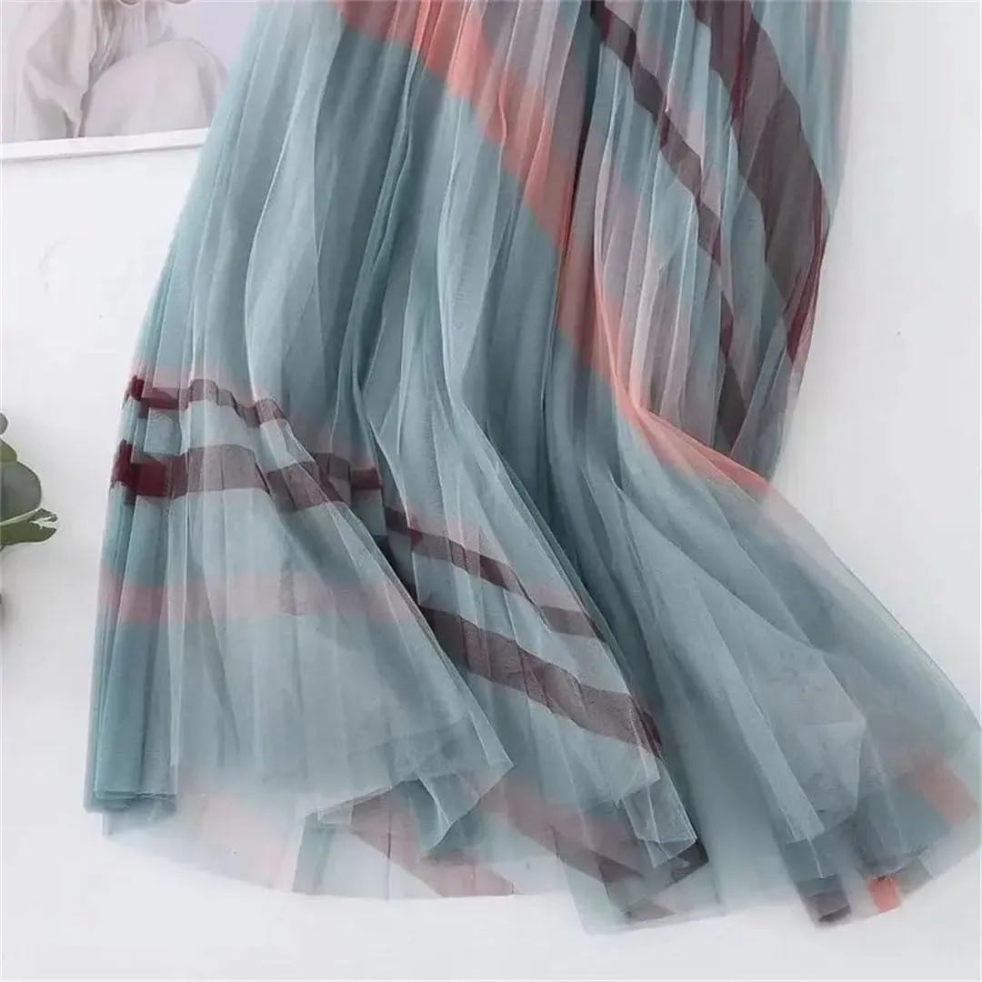 Women's Fresh Printed Mesh Pleated Skirt High Waist Slim Mid Length Double Wear Large Swing Skirt
