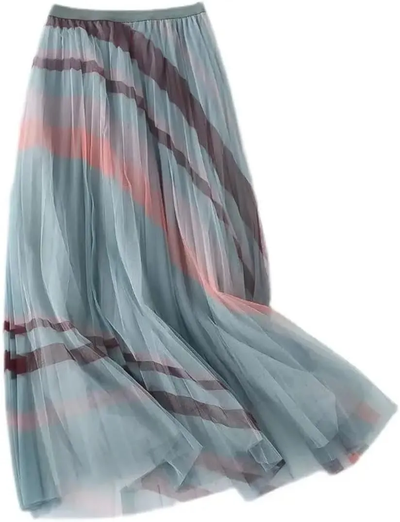 Women's Fresh Printed Mesh Pleated Skirt High Waist Slim Mid Length Double Wear Large Swing Skirt