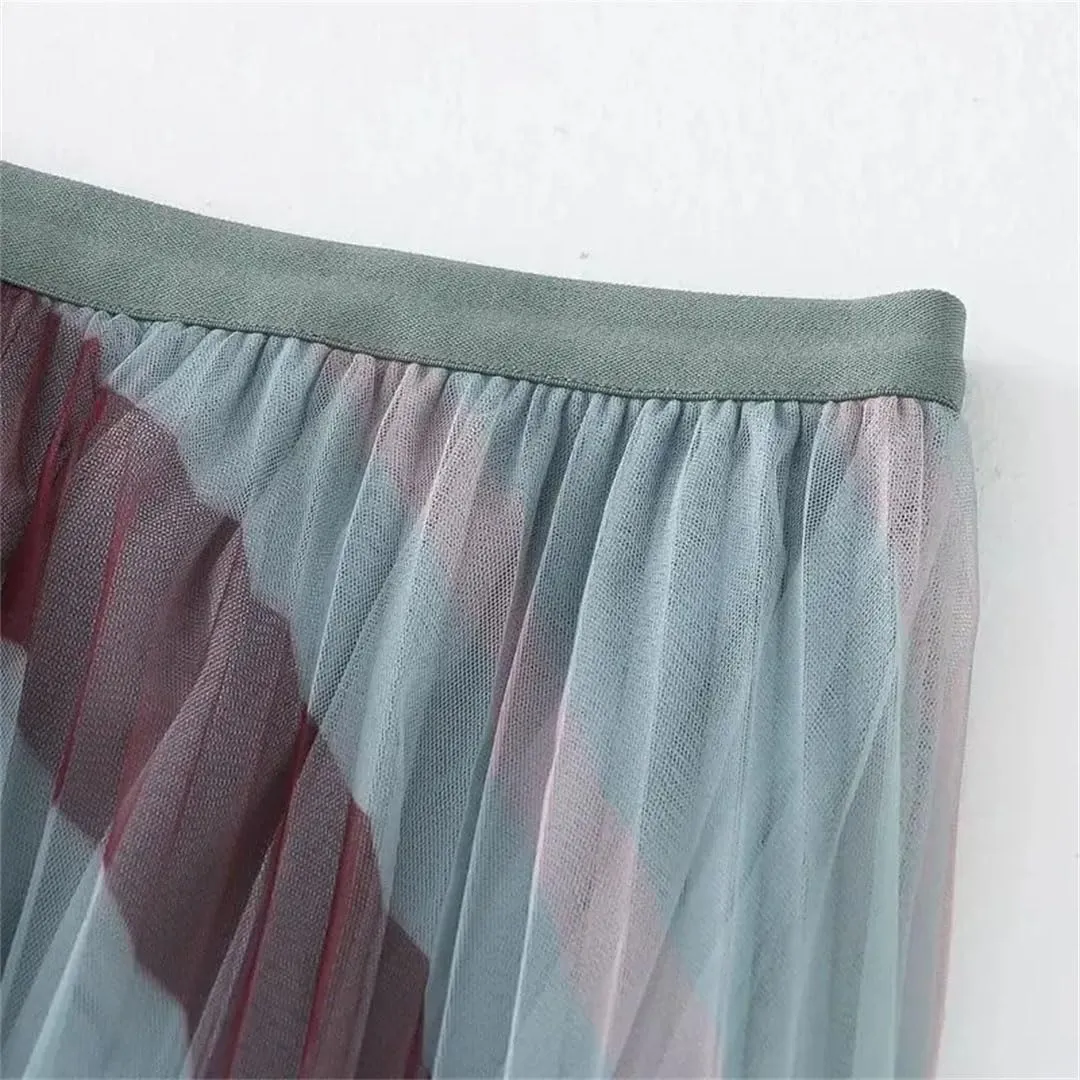 Women's Fresh Printed Mesh Pleated Skirt High Waist Slim Mid Length Double Wear Large Swing Skirt
