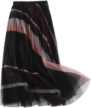 Women's Fresh Printed Mesh Pleated Skirt High Waist Slim Mid Length Double Wear Large Swing Skirt