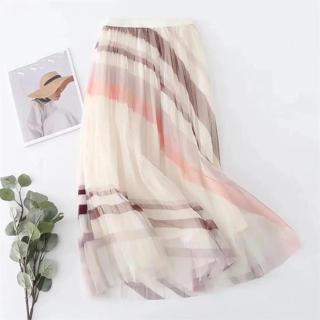 Women's Fresh Printed Mesh Pleated Skirt High Waist Slim Mid Length Double Wear Large Swing Skirt