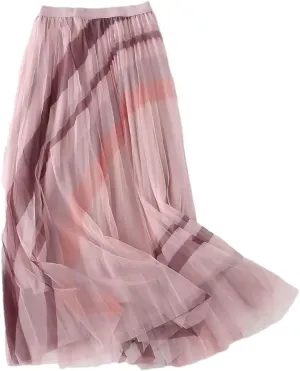 Women's Fresh Printed Mesh Pleated Skirt High Waist Slim Mid Length Double Wear Large Swing Skirt