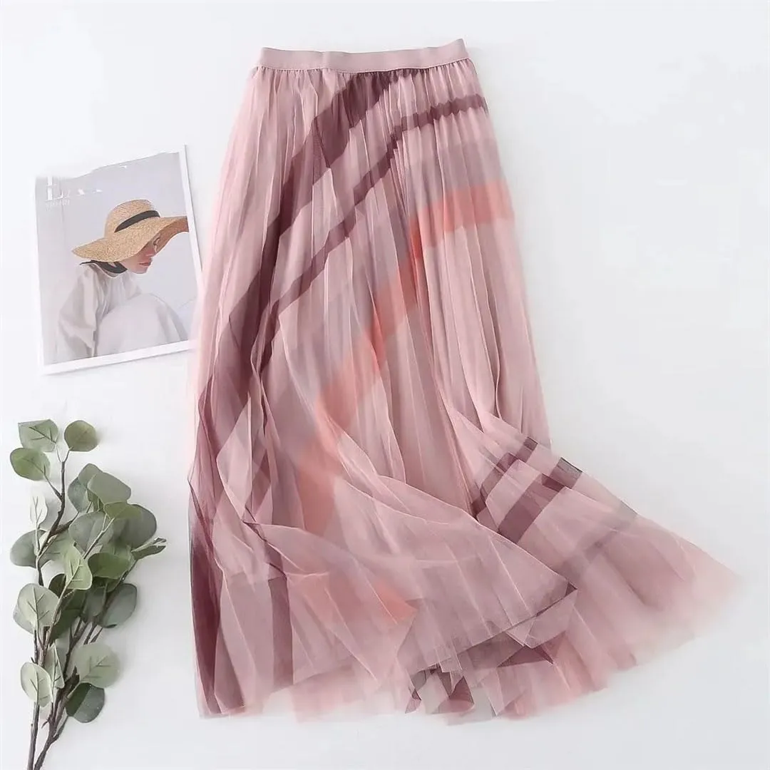 Women's Fresh Printed Mesh Pleated Skirt High Waist Slim Mid Length Double Wear Large Swing Skirt