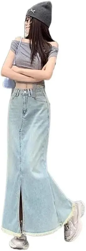 Women's High-Waisted A- Line Denim with Side Slit Vintage Sensibility Skirt