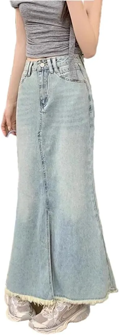 Women's High-Waisted A- Line Denim with Side Slit Vintage Sensibility Skirt