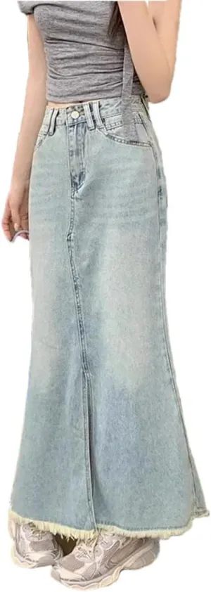 Women's High-Waisted A- Line Denim with Side Slit Vintage Sensibility Skirt