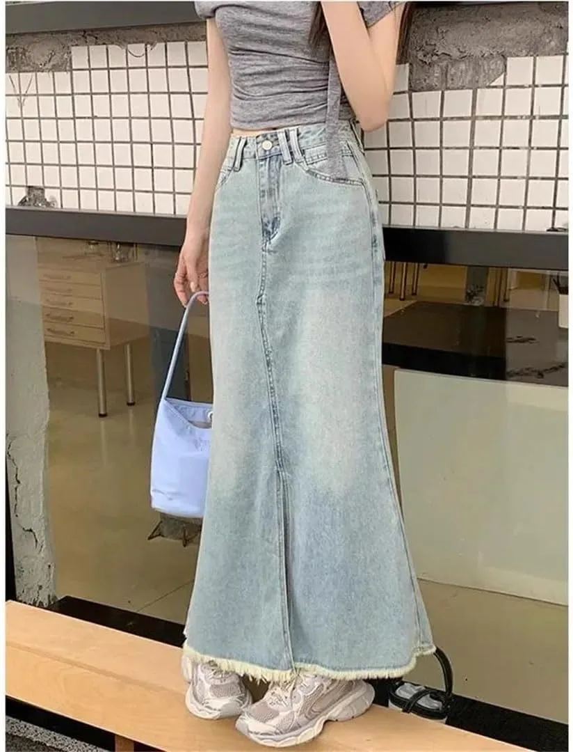 Women's High-Waisted A- Line Denim with Side Slit Vintage Sensibility Skirt