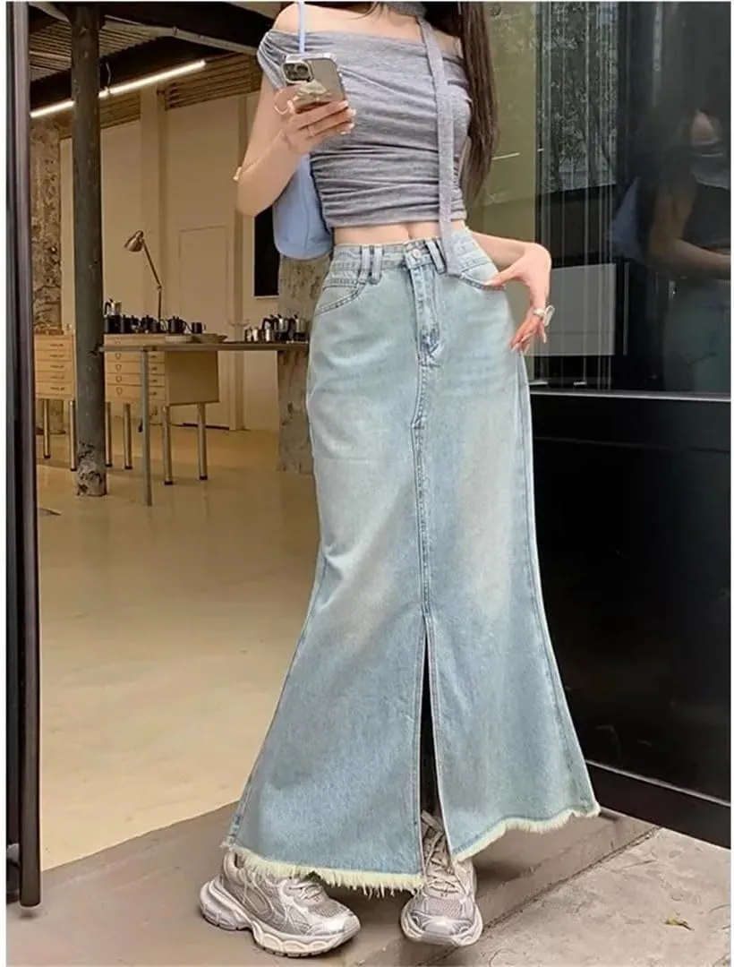 Women's High-Waisted A- Line Denim with Side Slit Vintage Sensibility Skirt