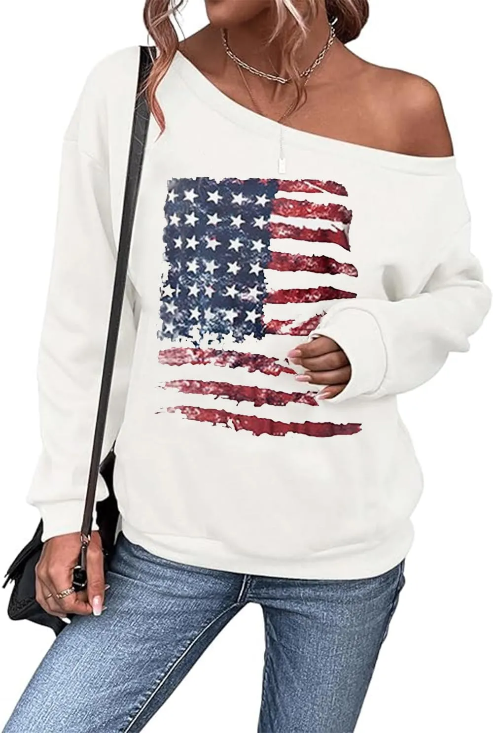 Womens Holiday Off the Shoulder Long Sleeve Loose Slouchy Sweatshirt Pullover Letter Printed Tops