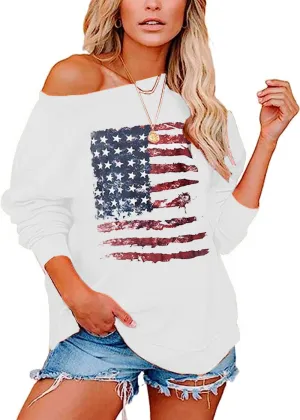 Womens Holiday Off the Shoulder Long Sleeve Loose Slouchy Sweatshirt Pullover Letter Printed Tops
