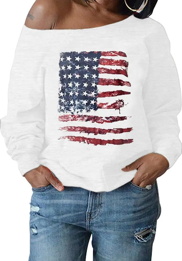 Womens Holiday Off the Shoulder Long Sleeve Loose Slouchy Sweatshirt Pullover Letter Printed Tops