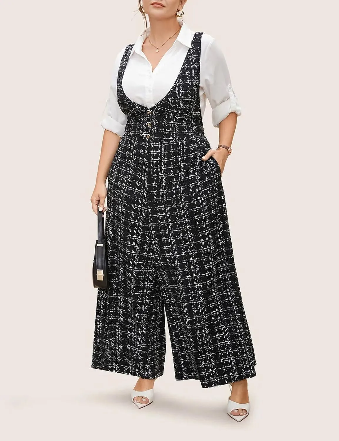 Womens Jumpsuit Plus Size Plaid Tweed Overall Pants with Pockets Casual Baggy Wide Leg Suspender Pants Fall Outfits