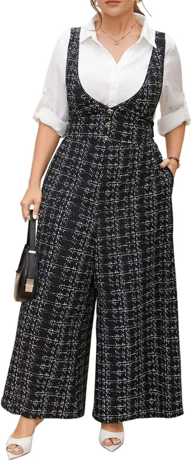 Womens Jumpsuit Plus Size Plaid Tweed Overall Pants with Pockets Casual Baggy Wide Leg Suspender Pants Fall Outfits