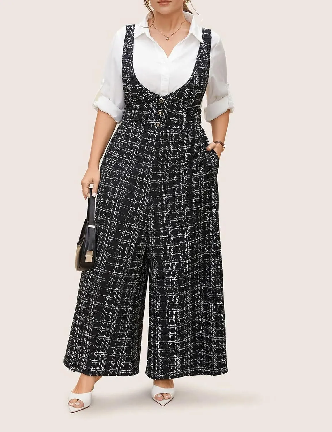 Womens Jumpsuit Plus Size Plaid Tweed Overall Pants with Pockets Casual Baggy Wide Leg Suspender Pants Fall Outfits