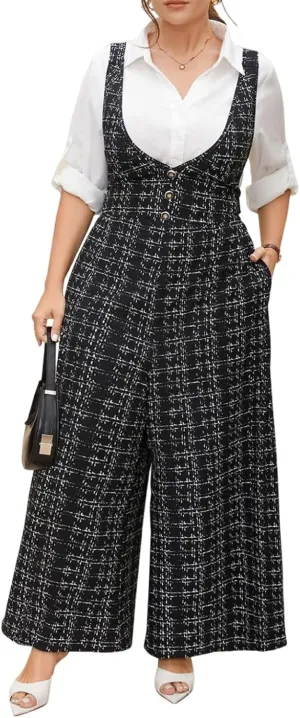 Womens Jumpsuit Plus Size Plaid Tweed Overall Pants with Pockets Casual Baggy Wide Leg Suspender Pants Fall Outfits