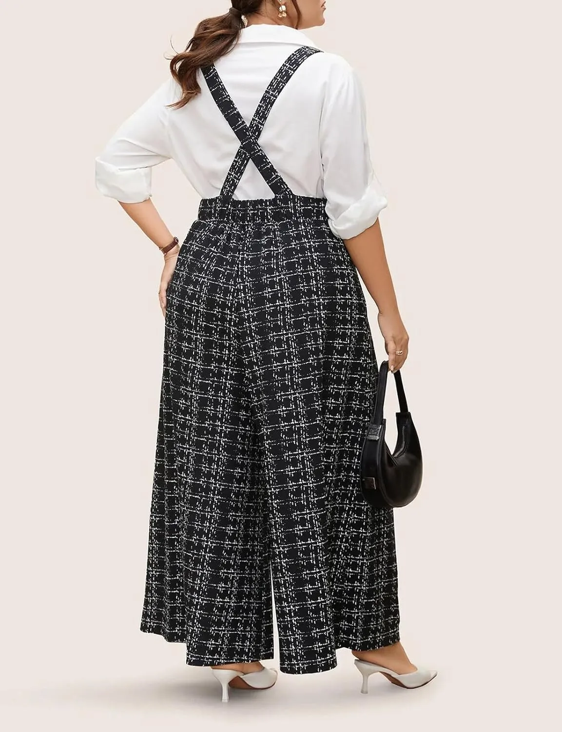 Womens Jumpsuit Plus Size Plaid Tweed Overall Pants with Pockets Casual Baggy Wide Leg Suspender Pants Fall Outfits