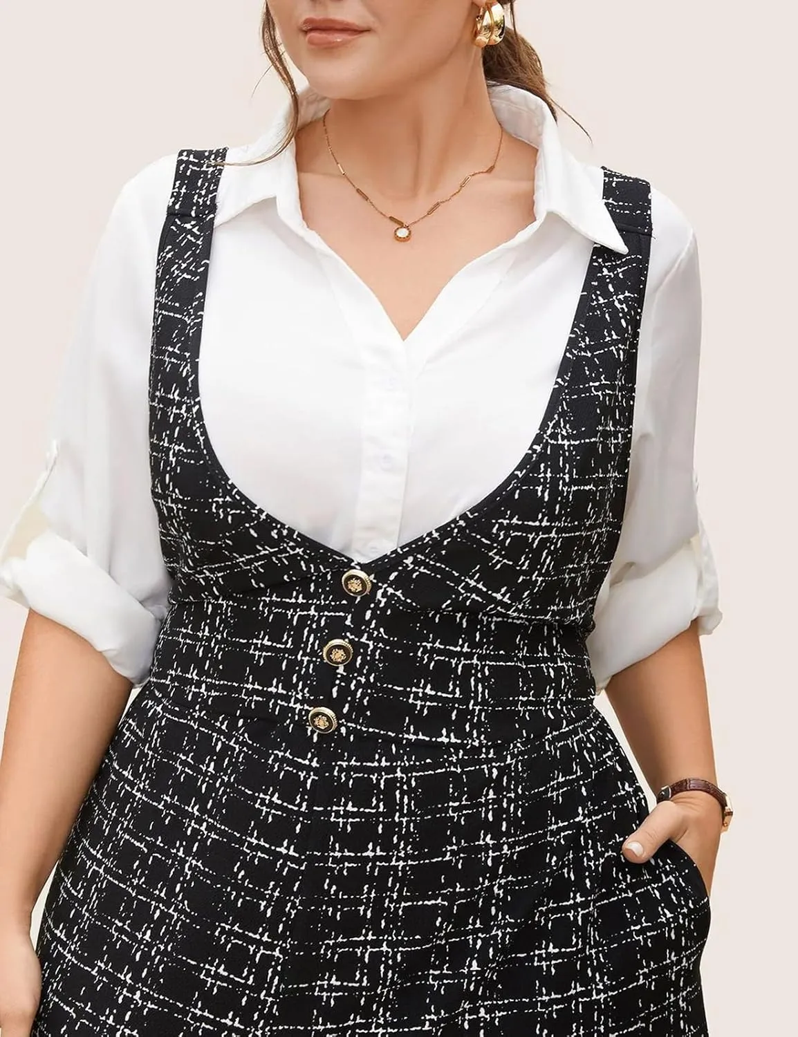 Womens Jumpsuit Plus Size Plaid Tweed Overall Pants with Pockets Casual Baggy Wide Leg Suspender Pants Fall Outfits