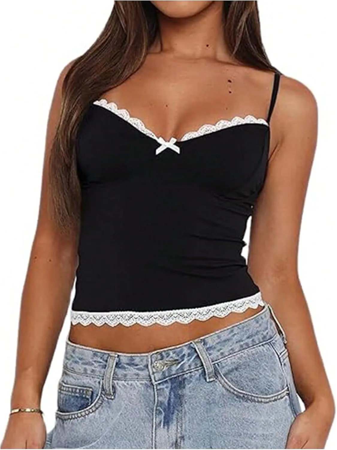 Women's Lace Bowknot Sweetheart Neck Camisole Tops Spaghetti Strap Slim Fit Crop Tank Top